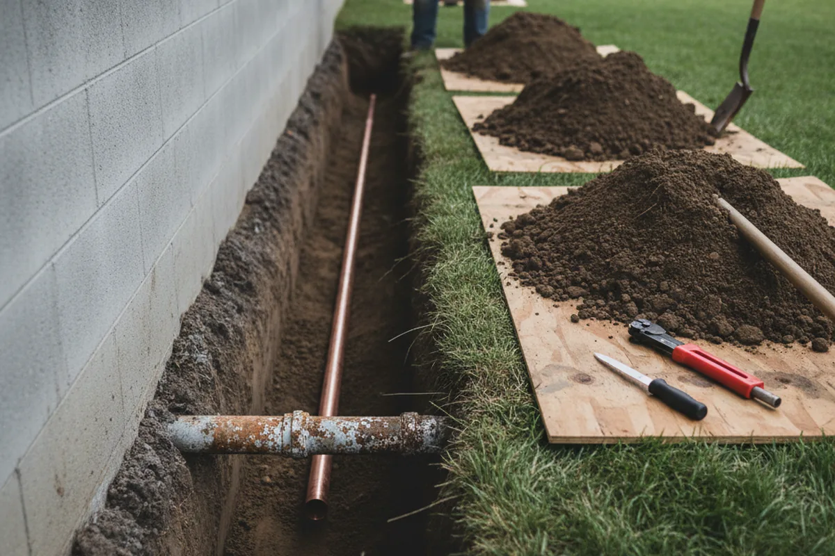 Excavated water line trench during Water Heater Repair in Parlier